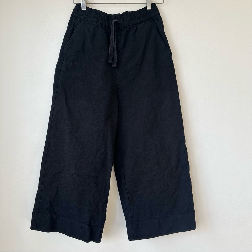 MONKI | RELAXED FIT WIDE LEG CROPPED CULOTTE ELASTIC WAIST PANTS CANVAS COTTON